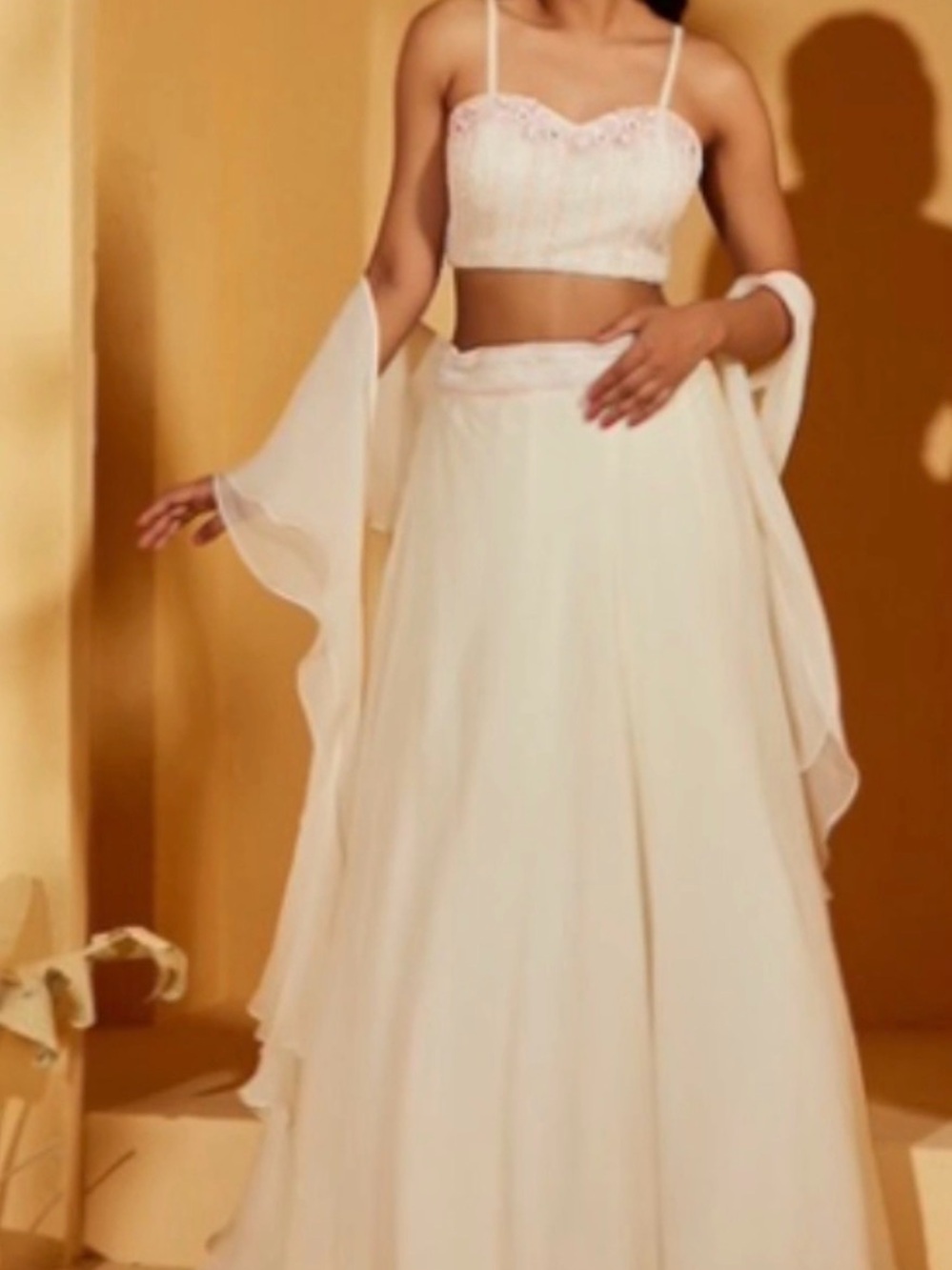 Ivory Thee Piece Evening Gown with Beaded Crop Top lehenga